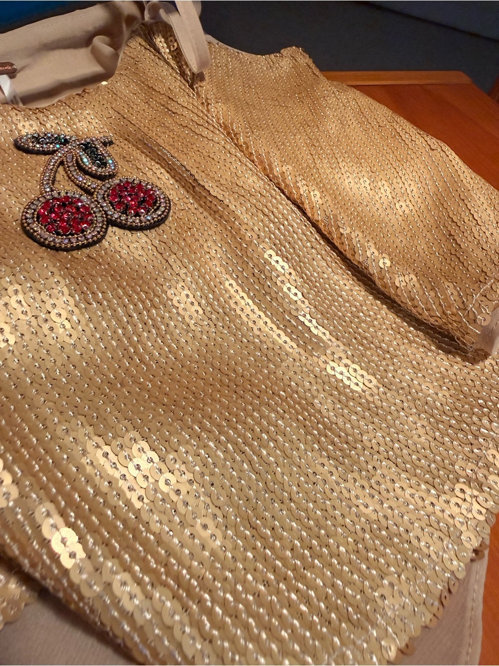 NWT Free People Gold Sequin Top with Beaded Cherry Appliqué-small